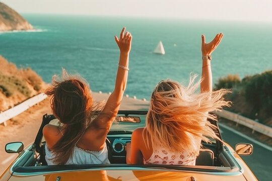 Carefree girls with hands up ride in a convertible during a holiday vacations