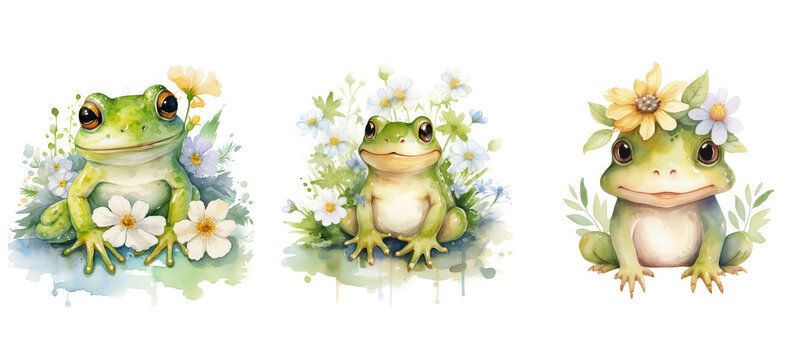 background cute frog floral watercolor ai generated