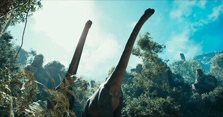 Brachiosaurus herd, sauropod walking in search of food. Jurassic period, Mesozoic era. 3D rendering © BY Movie