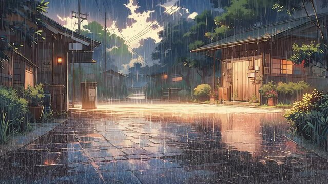 An image of a rainy day in the city, gloomy, stormy weather, anime background animation