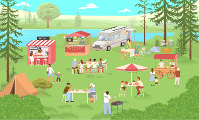 Fototapeta premium Food festival in forest park vector illustration with people
