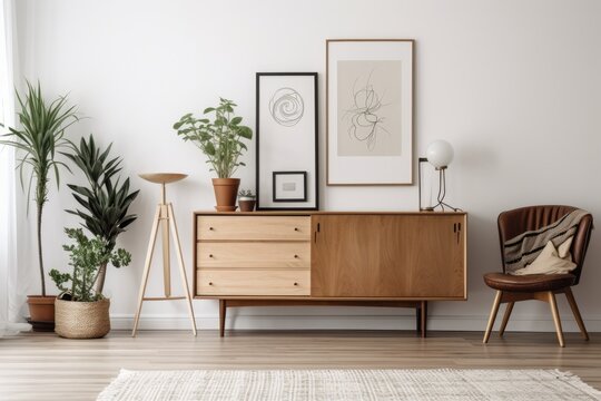 Interior with white plank flooring, a storage cabinet, an indoor plant, and decorations in a mid century style. The best empty frame for art and print mockups is an isolated one on a cabinet