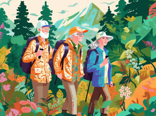 grandfather couple senior active elderly walking trekking happy old hiking. Generative AI.