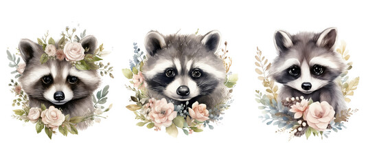 baby cute raccoon floral watercolor ai generated