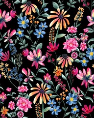 Watercolor flower pattern, black background, seamless, romantic roses