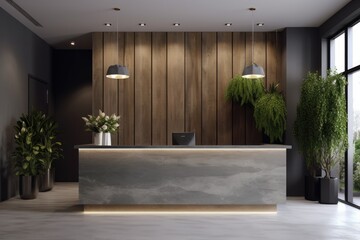 Interior of hotel reception desk minimalist design. Generative AI - obrazy, fototapety, plakaty