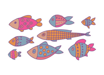 Set with hand drawn cartoon slaves. Vector doodle cartoon set of sea life objects for your design. flat design. vector