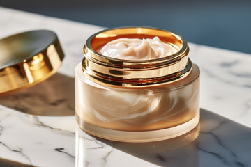 Luxury gold face cream jar on luxurious marble under golden sunlight at spa, beauty and skincare product, generative ai