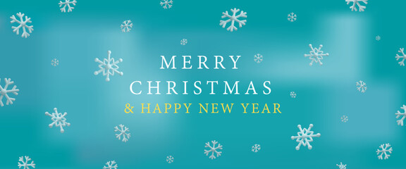 Xmas realistic banner. 3D render clay snowflakes. Merry Christmas and Happy New Year poster for holiday advertising. Vector illustration in plastic style. Cartoon advertising for winter season.