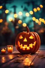 Fototapeten halloween pumpkin on a dark background with bokeh light .  © Roman