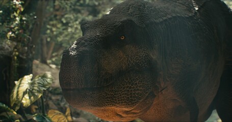 Tyrannosaurus walks through the Jurassic jungle. The Age of Dinosaurs. T-rex hunting. 3D rendering © BY Movie