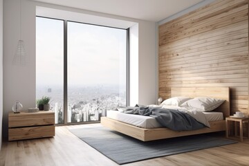 Interior of a wooden bedroom with a bed, front view, and a window with a city view. Carpet and a parquet floor. canvas with no copy space on a white wall,. Generative AI