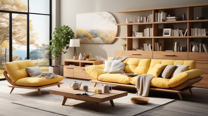 Yellow and warm modern bedroom with neutral wooden interior. AI Generative.