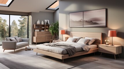 Fototapeta na wymiar Yellow and warm modern bedroom with neutral wooden interior. AI Generative.