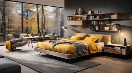 Yellow and warm modern bedroom with neutral wooden interior. AI Generative.