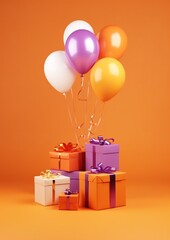 Gifts with Balloons on Orange Background