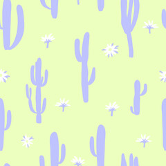 Seamless pattern with cactus silhouettes and flowers