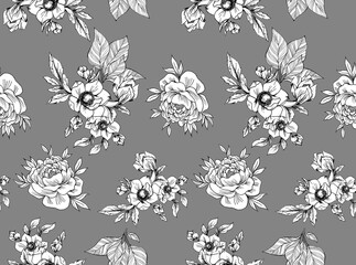 Black and white flowers pattern, romantic roses, gray background, leaves
