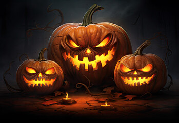 Fototapeta premium Scary Halloween Jack-O-Lanterns Faces. Spooky Halloween Pumpkins 