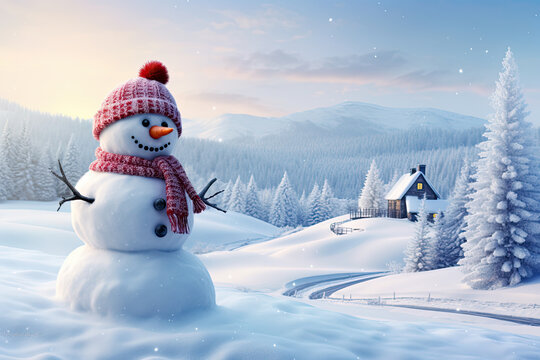 happy snowman with a snowy town in the background
