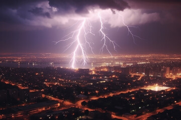 Naklejka na ściany i meble Lightning strike storm over city in purple light