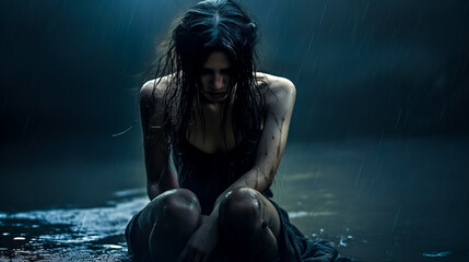 woman sitting in a puddle in the rain, female depression, a portrait of a sad woman next to a...