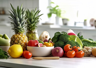 Selection of organic healthy fresh fruits and vegetables on light kitchen table.AI Generative.