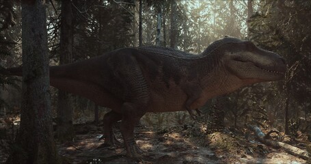 Tyrannosaurus walks through the Jurassic jungle. The Age of Dinosaurs. T-rex hunting. 3D rendering