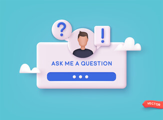 Question Sticker. Ask Me a Question. Social Media Element On Blue Background. 3D Web Vector Illustration.