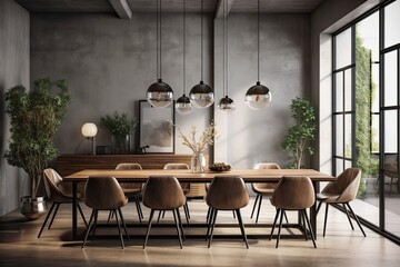 Interior of a dining room with a concrete wall, a large wooden table, loft windows, and several chair styles. a mockup. Generative AI
