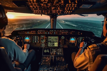 Cockpit with pilots during aircraft control - obrazy, fototapety, plakaty