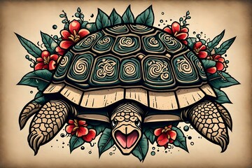 A drawing of an old turtle in poke Old school style tattoo 