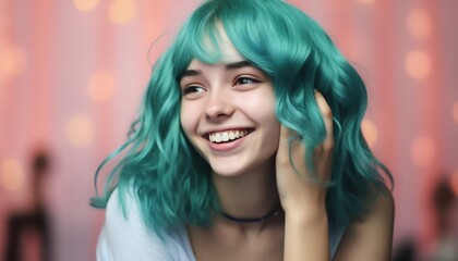 Smiling Teenager With Turquoise Hair