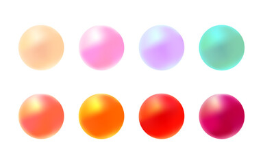 Neon nacre colored pearl icon set, vibrant mesh gradient sphere vector collection, abstract round shape, shiny jewel gem glass. Bright blue, golden, red bubble.