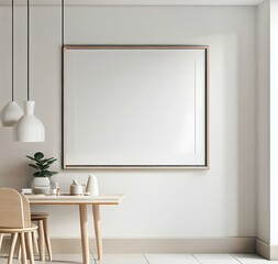 clean design breakfast nook with modern minimalist design, empty framed template of artwork, poster blank mockup  Generative AI