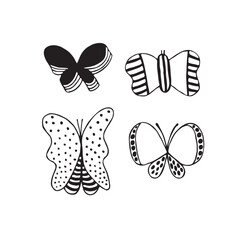 Butterflies doodle set. Black outline. Vector hand drawn illustration, butterfly silhouette in trendy retro style. Stickers, tattoos, postcards. Vector illustration
