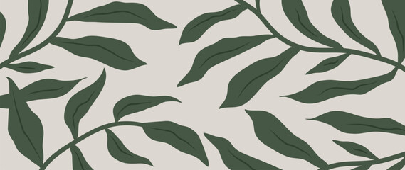 Handmade leaf background. Botanical green line art wallpaper with branches and leaves. Design with simple lines and for banners, prints, wall art and home decor.