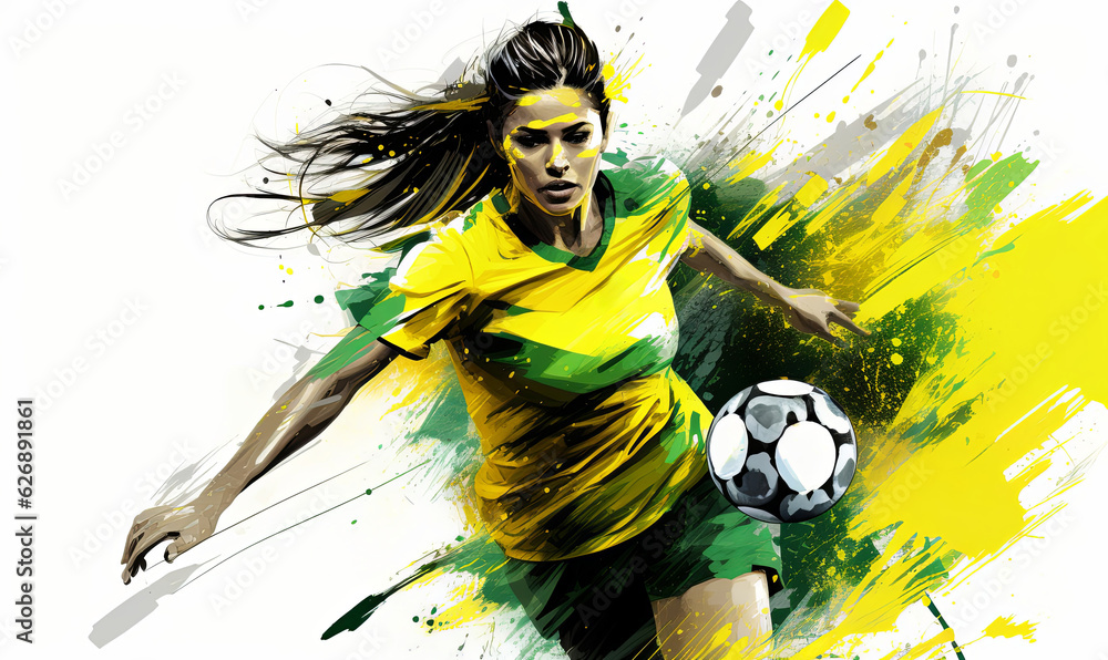 Wall mural Abstract soccer action image of a female football player. Colorful painted illustration