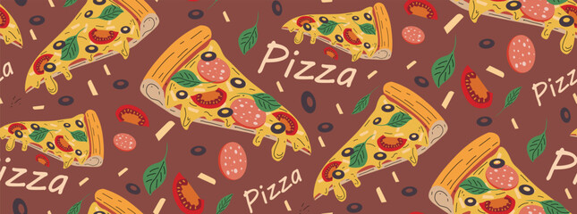 Pattern of pizza slices. Seamless pattern. Tasty food. The print is repetitive. Design for clothing with food. Pattern for bed linen. Lots of pizza slices.