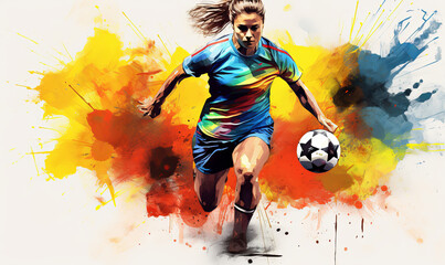 Fototapeta na wymiar Abstract soccer action image of a female football player. Colorful painted illustration