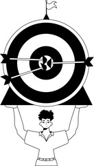 The guy is holding a target with arrow in the plaza bring field . accomplishment concept . Black and white analogue dash. Trendy style, Vector Illustration - obrazy, fototapety, plakaty