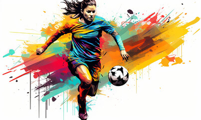 Abstract soccer action image of a female football player. Colorful painted illustration