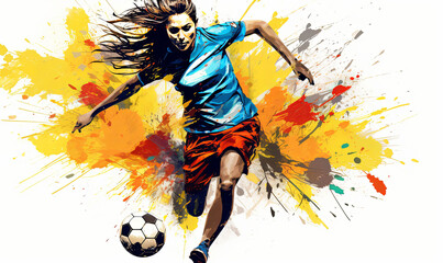 Abstract soccer action image of a female football player. Colorful painted illustration
