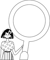 The girlfriend is holding a blow up glass . information search subject . black and white analogue style. Trendy style, Vector Illustration