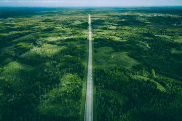 Aerial view of highway road with cargo transport and cars through green woods