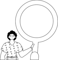 The ridicule is holding a magnify glass . information search subject . black and white linear vogue. Trendy style, Vector Illustration