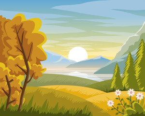 Fototapeta na wymiar Illustration landscape Sunrise behind the hills and beautiful nature vector