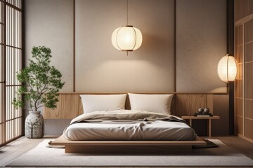 Japanese style bedroom with tatami mat flooring, plants, and decorative lamps on the wall. rednering. Generative AI