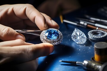 A jewelry maker's hands deftly maneuver a tiny gemstone into a ring setting with a pair of tweezers. 
The image spotlights the meticulous detail and precision necessary in this craft. - obrazy, fototapety, plakaty