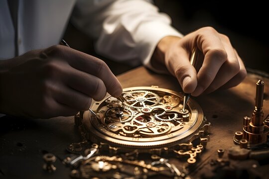 The meticulous process of a master watchmaker is caught in this image, as they precisely place gears into a watch mechanism. 
The intricate complexity of the craft is highlighted.